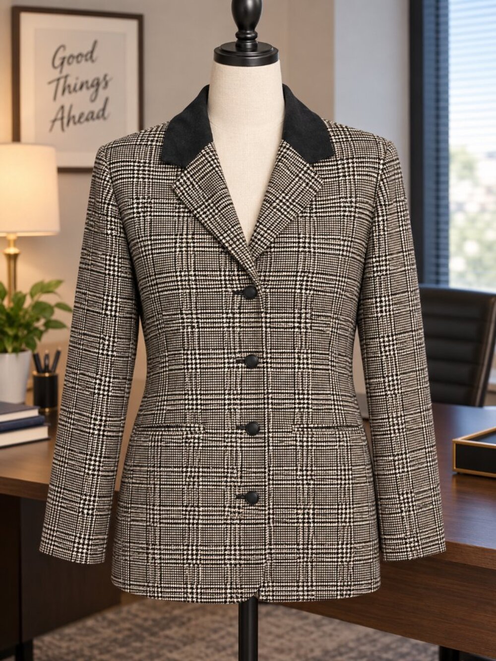 Vintage Studio 205 100% Wool Houndstooth Plaid Blazer Size 16